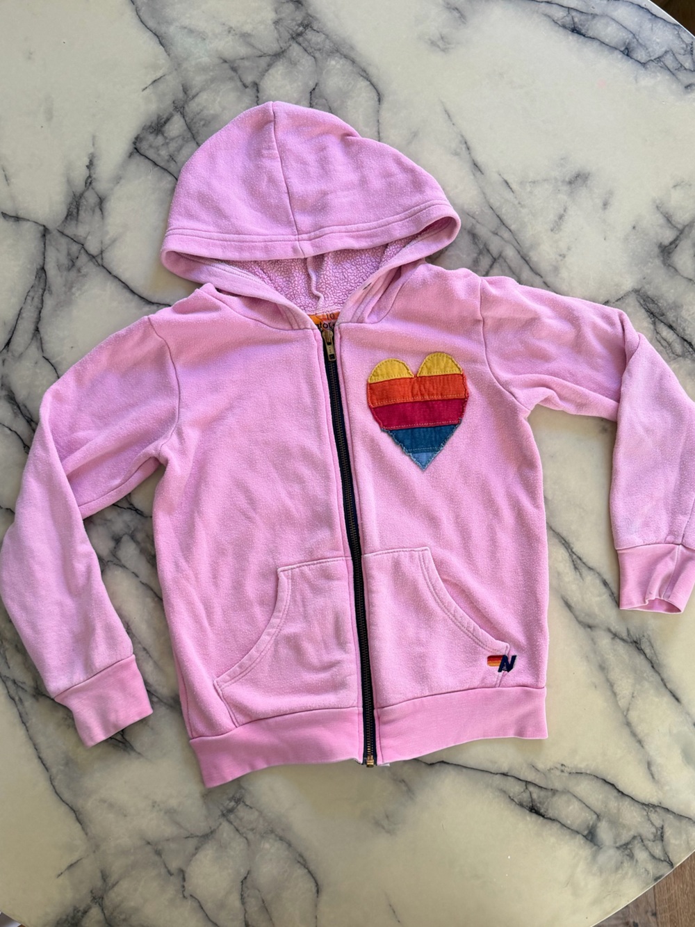 Aviator Nation Girls Kids Pink Zip Hoodie Rainbow Heart Front Back 10